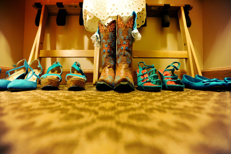 Boots and blue shoes for this bride's wedding day in Colorado Springs. - True North Photography Kira (Horvath) Vos